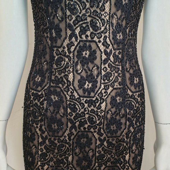 OLEG CASSINI BLACK TIE Size 4 Black & Beige LACE SEQUIN COCKTAIL DRESS - Picture 9 of 11